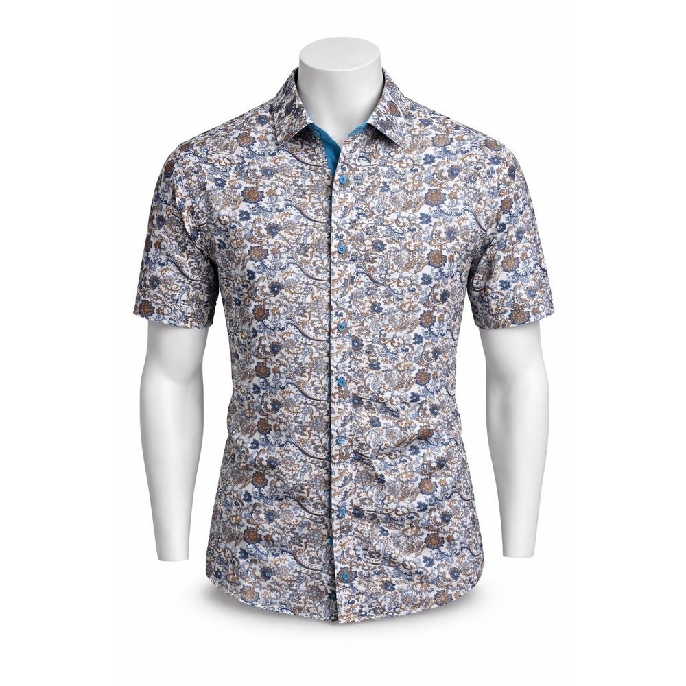 Giorginni Men's XL Slim Fit Paisley Button Down Shirt Short Sleeve Blue Brown